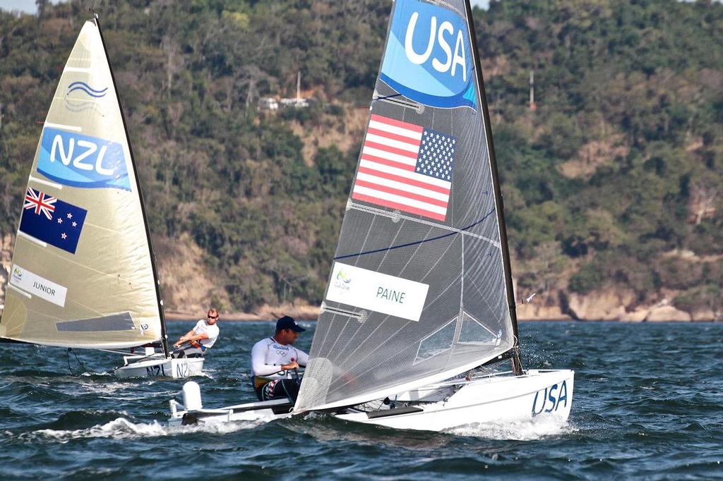 Caleb Paine (USA) heads back through the fleet with a good lead in the Finn Medal race - 2016 Olympics - photo © Richard Gladwell www.photosport.co.nz